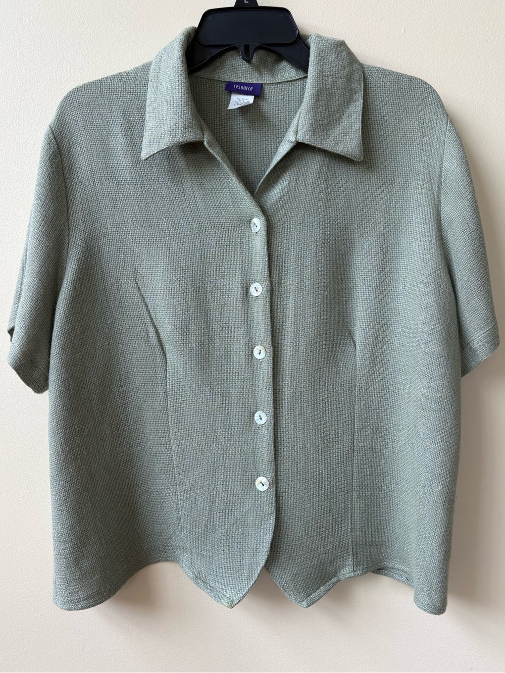 Sage Green Short-Sleeve Button-Front Knit Shirt